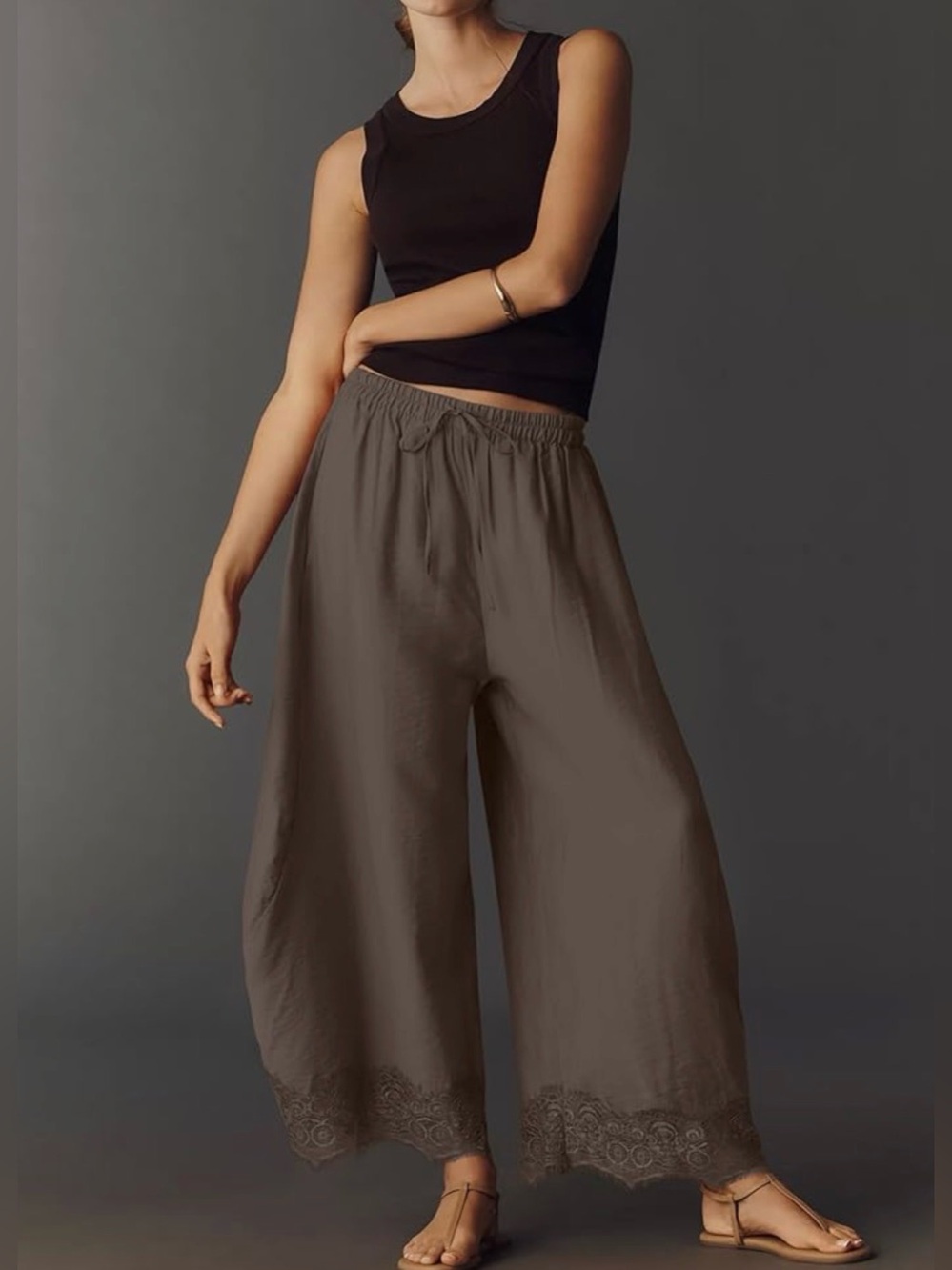 Women's Wide-Leg Lace Hem Pants - Brown